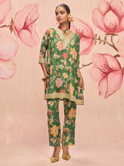 Libas - Green Floral Printed A-Line Co-Ord Set