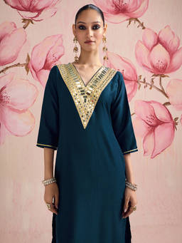 Libas - Blue Mirror Work Yoke Design Straight Kurta With Pant