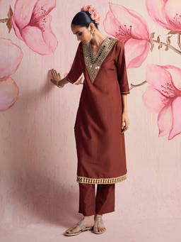 Libas - Rust Mirror Work Yoke Design Straight Kurta With Pant