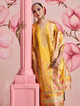 Libas - Mustard Floral Printed Straight Kurta With Pant & Dupatta