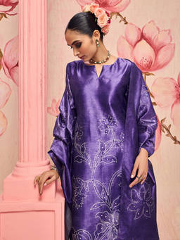 Libas - Purple Floral Mirror Work Kurta with Pant and Dupatta