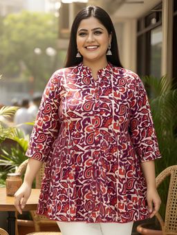 Indietoga Plus Size - Women Plus Size Paisley Print Cotton Fit and Flare Red Top