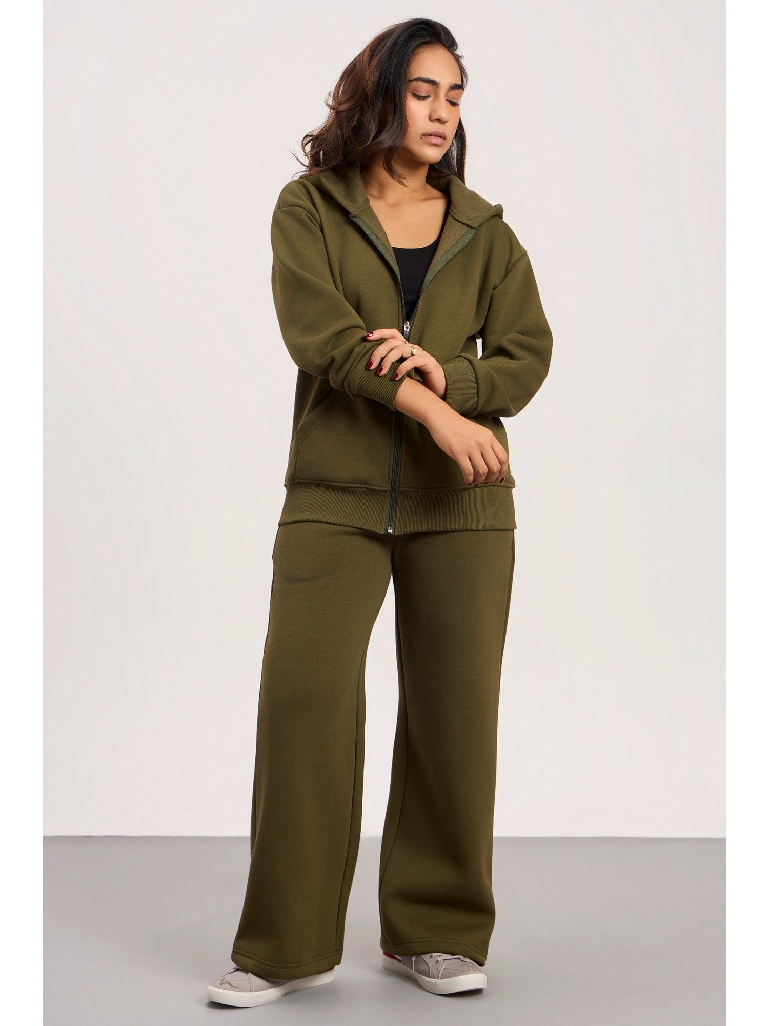 Buy COLOR CAPITAL Oversized Zipper Olive Hoodie (XS) Online