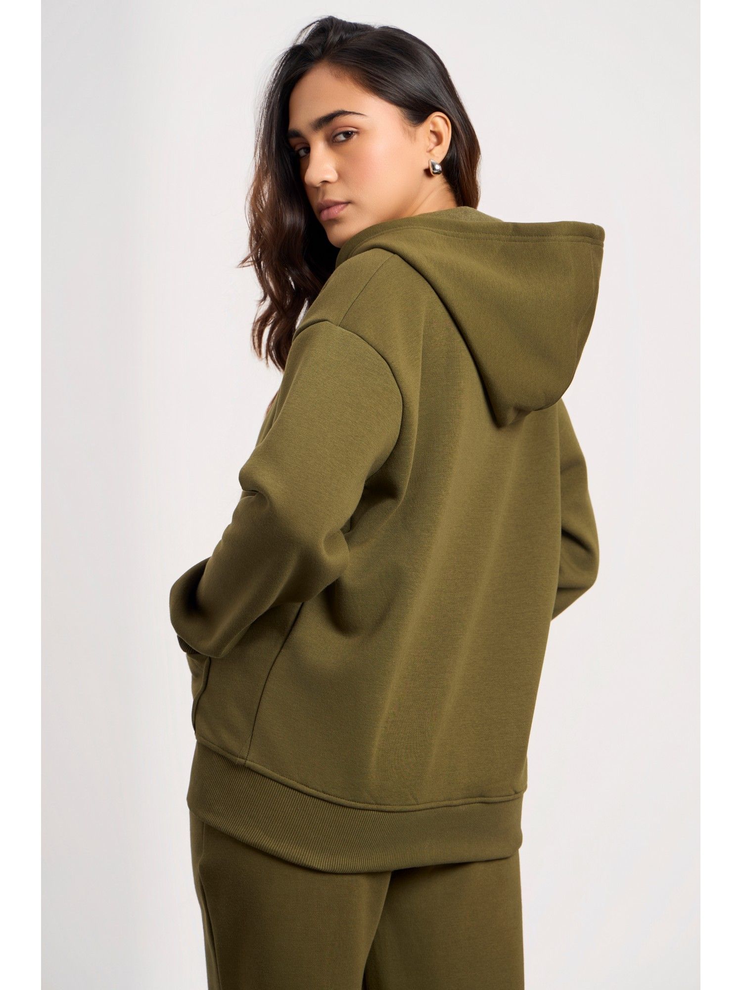 Buy COLOR CAPITAL Oversized Zipper Olive Hoodie (XS) Online
