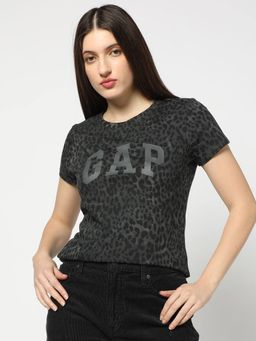 GAP - Women Charcoal Leopard Print Relaxed Fit T-Shirt