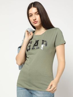 GAP - Women Olive Logo Print Round Neck Relaxed Fit T-Shirt