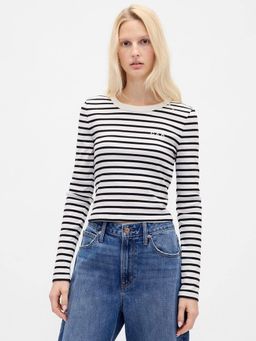 GAP - Women Off White Horizontal Stripes Relaxed Fit Round Neck T-Shirt