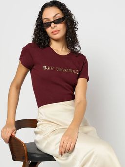 GAP - Women Sequins Slim Fit Maroon T-Shirt