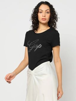 GAP - Women Black Embellished Slim Fit Round Neck T-Shirt