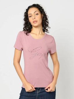 GAP - Women Embellished Slim Fit Round Neck Mauve T-Shirt