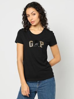 GAP - Women Black Embellished Slim Fit Round Neck T-Shirt