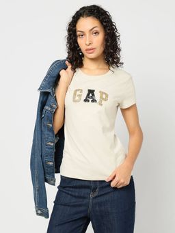 GAP - Women Off White Embellished Slim Fit Round Neck T-Shirt