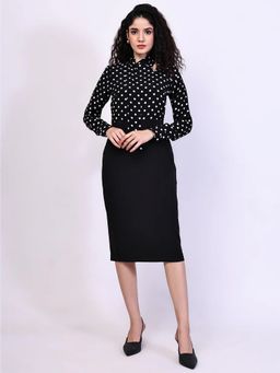 Exude - Women Polka Dots Drape Black Knee Length Dress