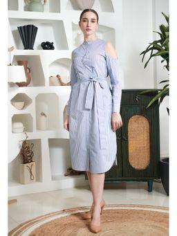 Exude - Women White Linen Stripe Dress