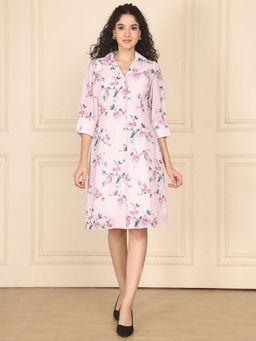 Exude - Women Floral Pink Shirt Knee Length Dress