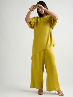 Femmella - Satin Asymmetric Green Co-Ord Set