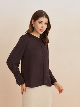 Latin Quarters - Women Solid Full Sleeves Casual Brown Top