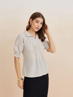 Latin Quarters - Women Stone Solid Half Sleeves Casual Grey Top