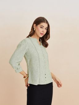 Latin Quarters - Women Solid Three Fourth Sleeves Casual Green Top
