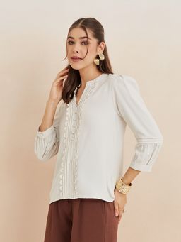 Latin Quarters - Women Solid Three Fourth Sleeves Casual Off White Top