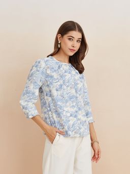 Latin Quarters - Women Printed Three Fourth Sleeves Casual Blue Top