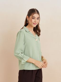 Latin Quarters - Women Solid Three Fourth Sleeves Casual Green Top