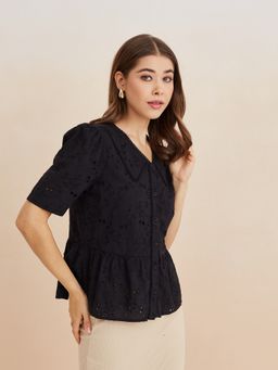 Latin Quarters - Women Self Design Peplum Half Sleeves Casual Black Top