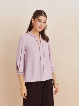 Latin Quarters - Women Solid Three Fourth Sleeves Casual Lavender Top