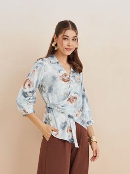 Latin Quarters - Women Printed Wrap Three Fourth Sleeves Casual Grey Top