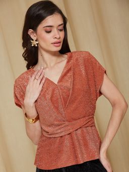 Latin Quarters - Women Solid Cap Sleeves Party Brown Top