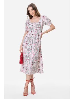 Virgio - Women White Floral Print Fit and Flare Printed Dress