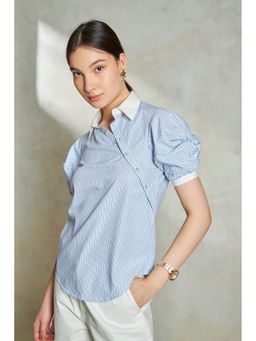 Virgio - Women Blue Cotton Reconstructed Stripe Shirt