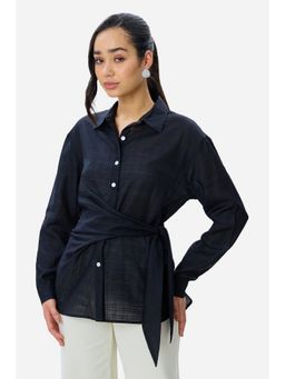 Virgio - Women Navy Blue Viscose Side Tie-Up Shirt