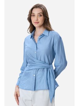 Virgio - Women Blue Viscose Side Tie-Up Shirt