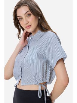 Virgio - Women Blue Cotton Crop Drawcord Shirt