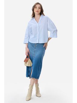 Virgio - Women Blue Cotton Boxy Fit Shirt