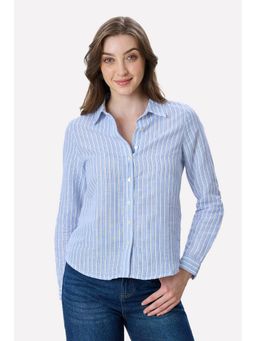 Virgio - Women Blue Linen Button Down Shirt
