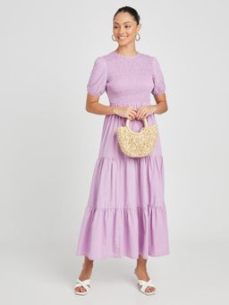 Styli - Purple Cotton Short Puff Sleeves Shirred Yoke Tiered Maxi Dress