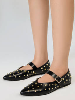 Twenty Dresses by Nykaa Fashion - Black Studded Pointed Toe Mary Jane Flats For Women