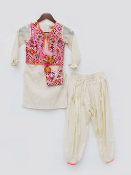 Fayon Kids - Off White Embroidery Kurti and Pant with Purse (Set of 3)