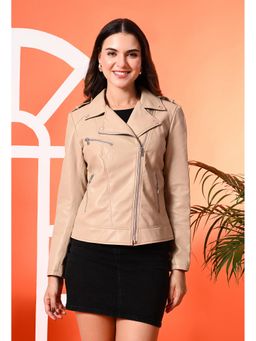 TBOJ - Women Beige Solid Leather Crop Jacket