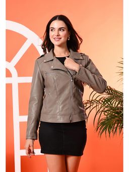 TBOJ - Women Grey Solid Leather Crop Jacket