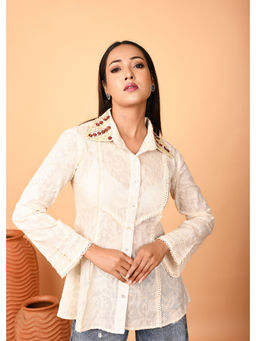 OSKOS - Ivory Cotton Jacquard Weaved Embroidered Shirt