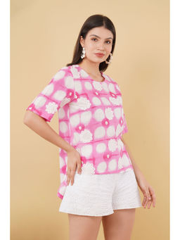 OSKOS - Pink Printed Cotton Slub Top with Crossia Lace and Shoulder Closure