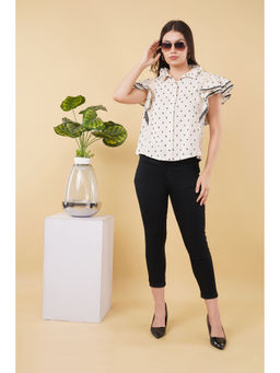 OSKOS - Ivory Cotton Linen Ruffled Neck Top with Black Dobby and Frill Detailing