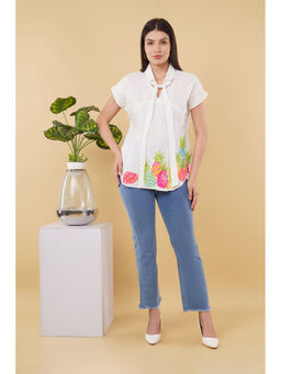 OSKOS - White Cotton Beads Hand Embroidered Crepe Top