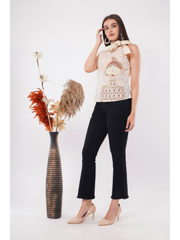 OSKOS - Ivory 3D Hand Embroidered Halter Neck Top with Tie-Ups