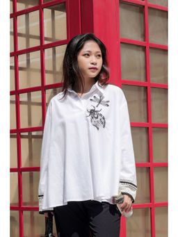 OSKOS - White Full-Sleeve Loose-Fit Embellished Top with Lace Detailing