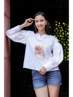 OSKOS - Elegant White Cotton Full-Sleeve Top with 3D Hand Embroidery