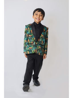 Funny Bones - Black Leopard Print Tuxedo Blazer with Shirt Pant (Set of 4)